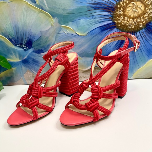 Cabi Tiptoe Knotted Rope Strappy Heeled Sandals Hibiscus Red Size 9 - Picture 2 of 12